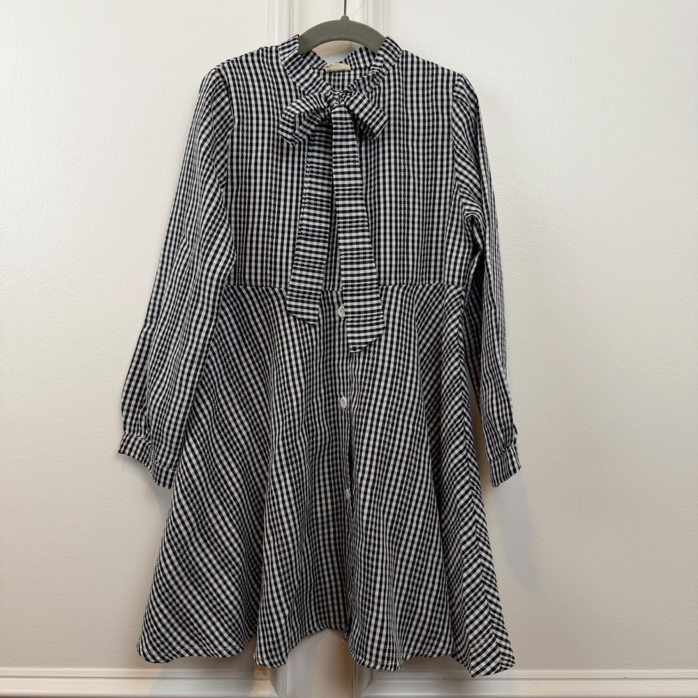 Girls Black White Gingham Check Bow Neck Long Sleeve Button Front Dress Size 13